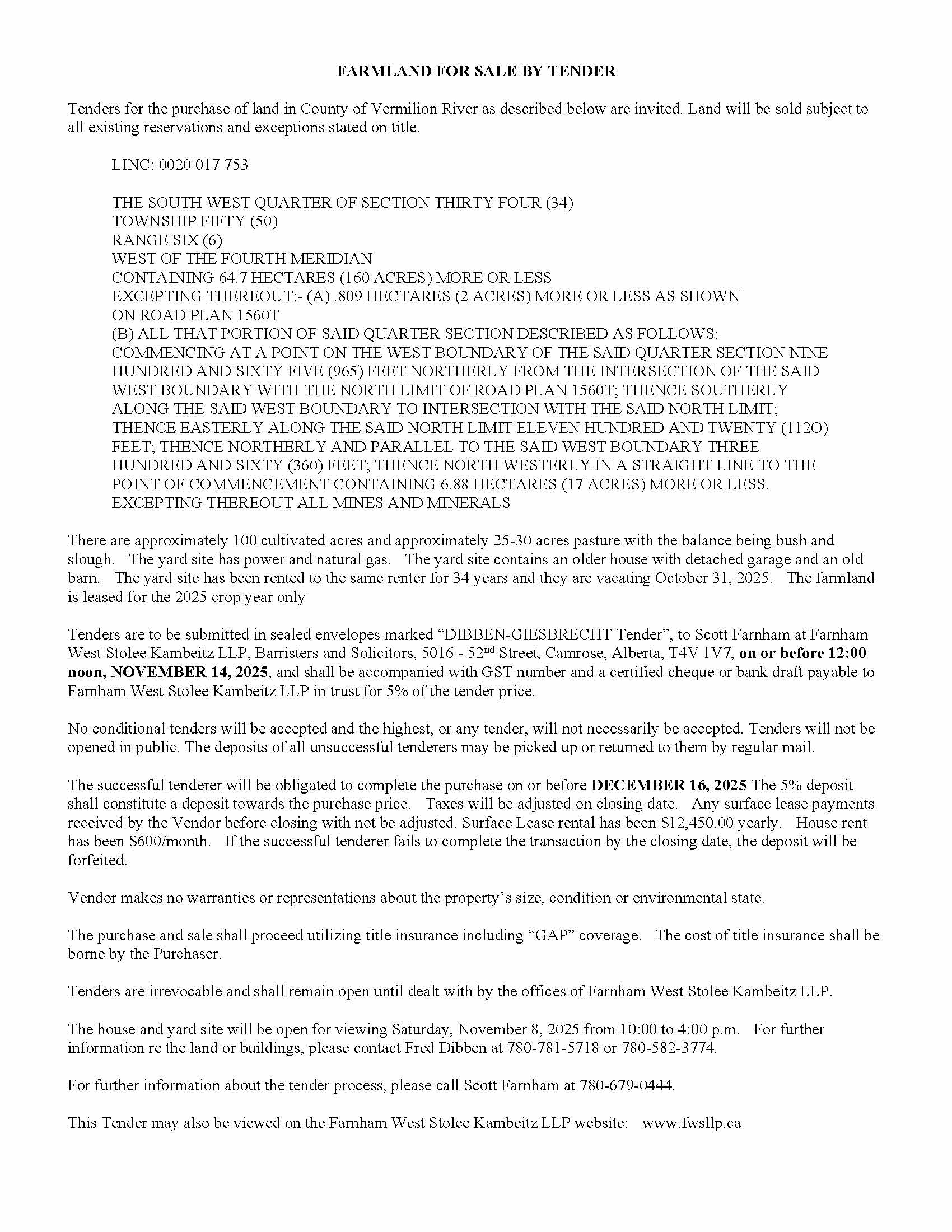 2025 10 17 Tender for Farmland DIBBEN-GIESBRECHT Tender